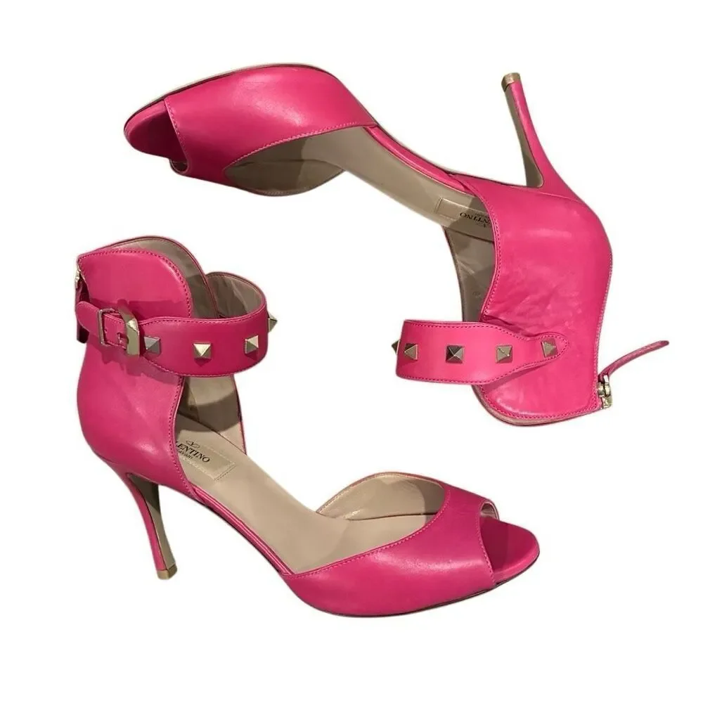 Valentino Garavani Leather Rockstud Ankle Strap Heels EU 38.5 US 8.5 Pink Pumps